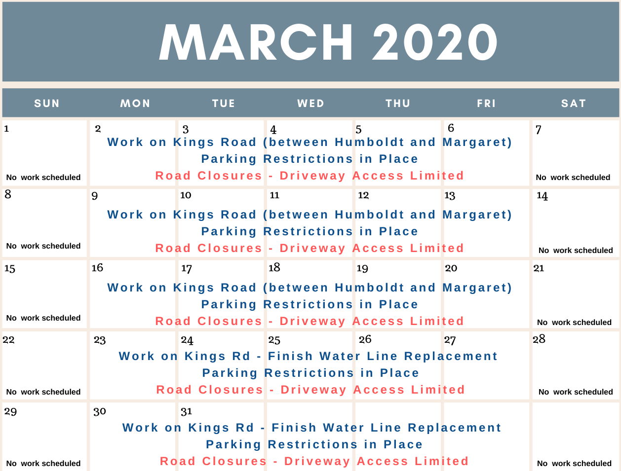 Schedule of work for the Water Main Replacement Project