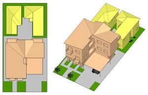 Duplex and 2 ADUs site plan and perspective